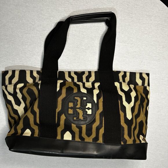 Tory Burch Tote, Olive Tan & BlackGeometric Print, Black Trim, Gold Hardware - Picture 1 of 5